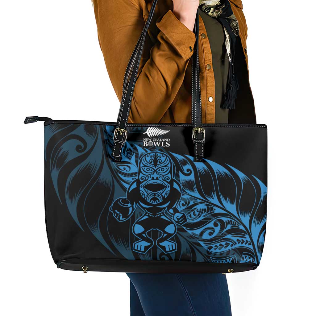 New Zealand Lawn Bowls Leather Tote Bag Blue Maori Warrior Tribal Silver Fern - Polynesian Pride