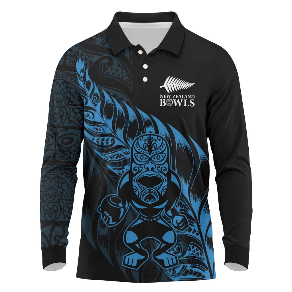 New Zealand Lawn Bowls Custom Long Sleeve Polo Shirt Blue Maori Warrior Tribal Silver Fern - Polynesian Pride