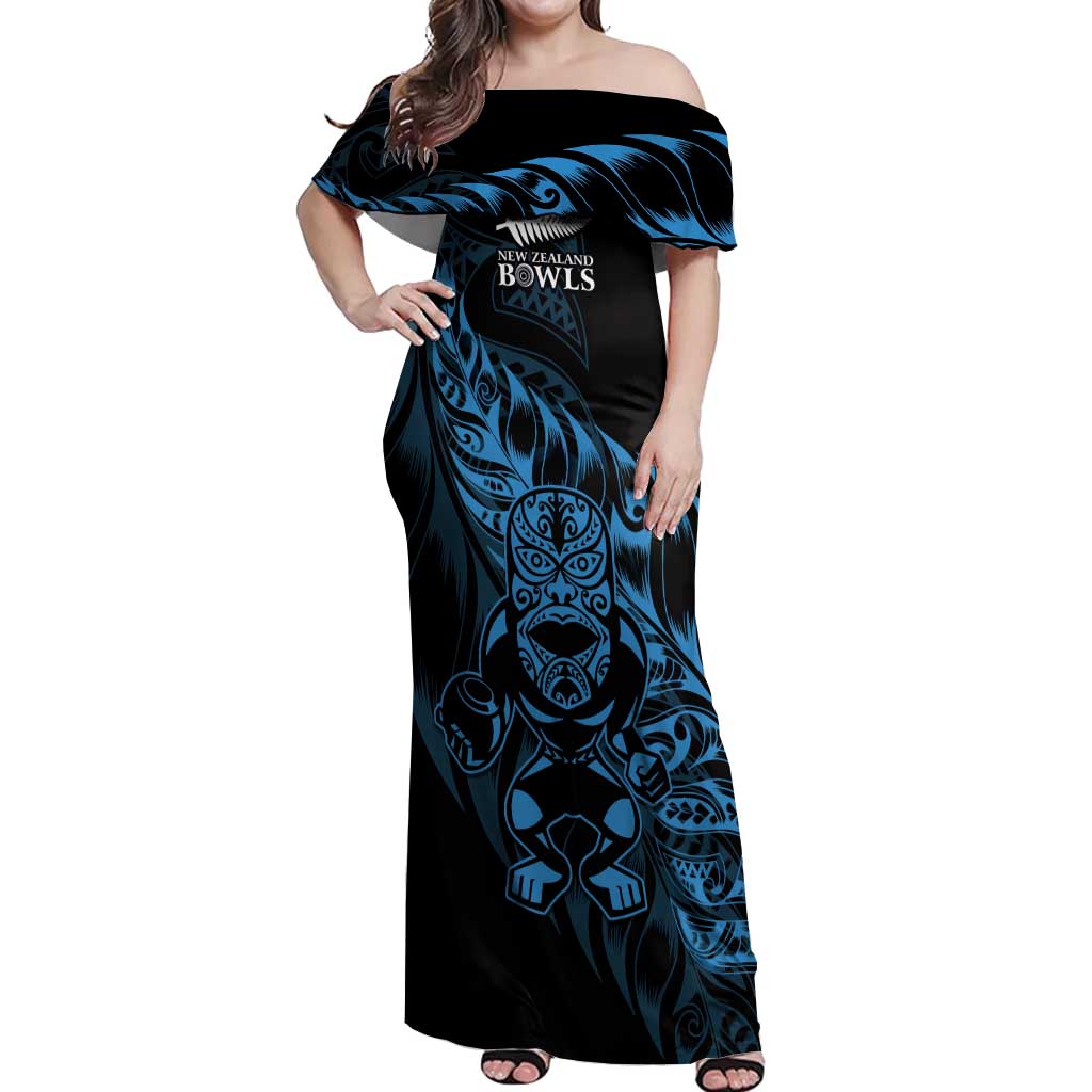 New Zealand Lawn Bowls Custom Off Shoulder Maxi Dress Blue Maori Warrior Tribal Silver Fern - Polynesian Pride