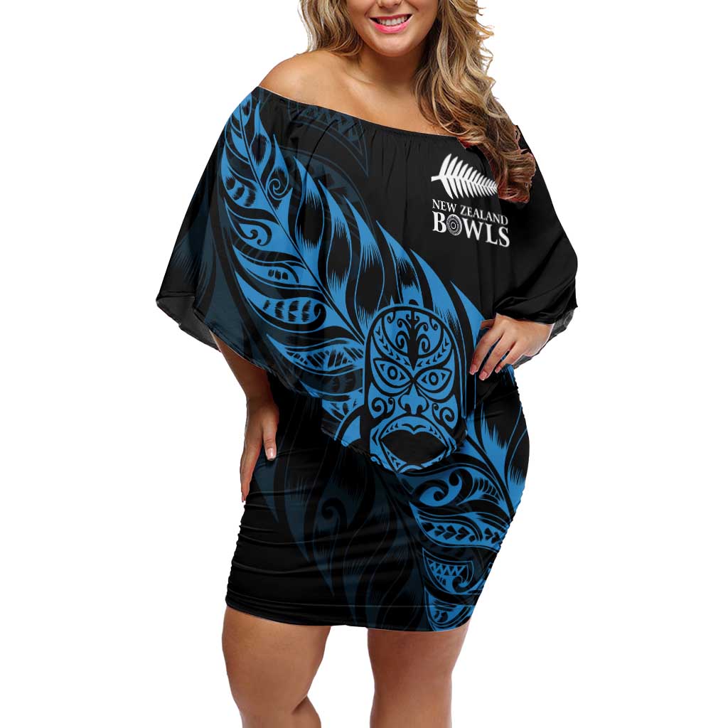 New Zealand Lawn Bowls Custom Off Shoulder Short Dress Blue Maori Warrior Tribal Silver Fern - Polynesian Pride