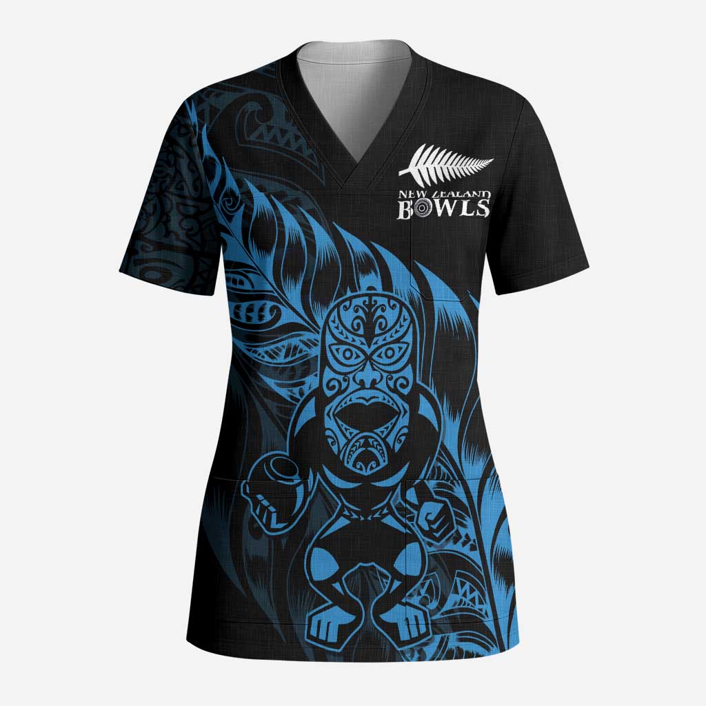 New Zealand Lawn Bowls Custom Scrub Top Blue Maori Warrior Tribal Silver Fern - Polynesian Pride