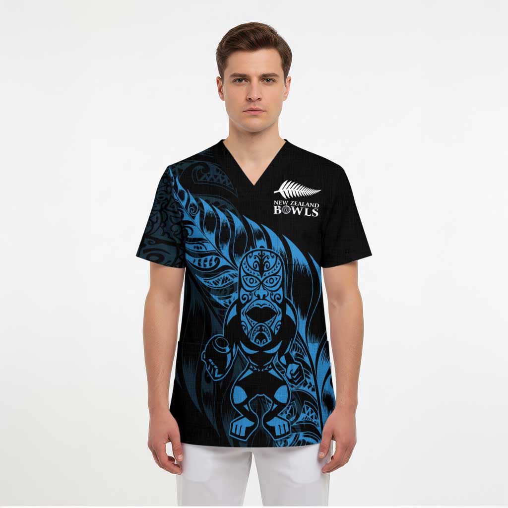 New Zealand Lawn Bowls Custom Scrub Top Blue Maori Warrior Tribal Silver Fern - Polynesian Pride