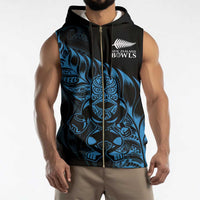 New Zealand Lawn Bowls Custom Sleeveless Zip Hoodie Blue Maori Warrior Tribal Silver Fern - Polynesian Pride