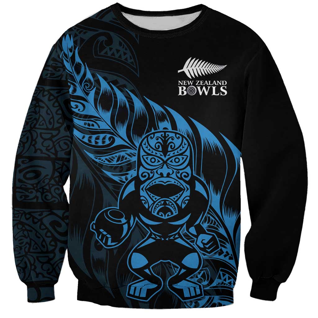 New Zealand Lawn Bowls Custom Sweatshirt Blue Maori Warrior Tribal Silver Fern - Polynesian Pride