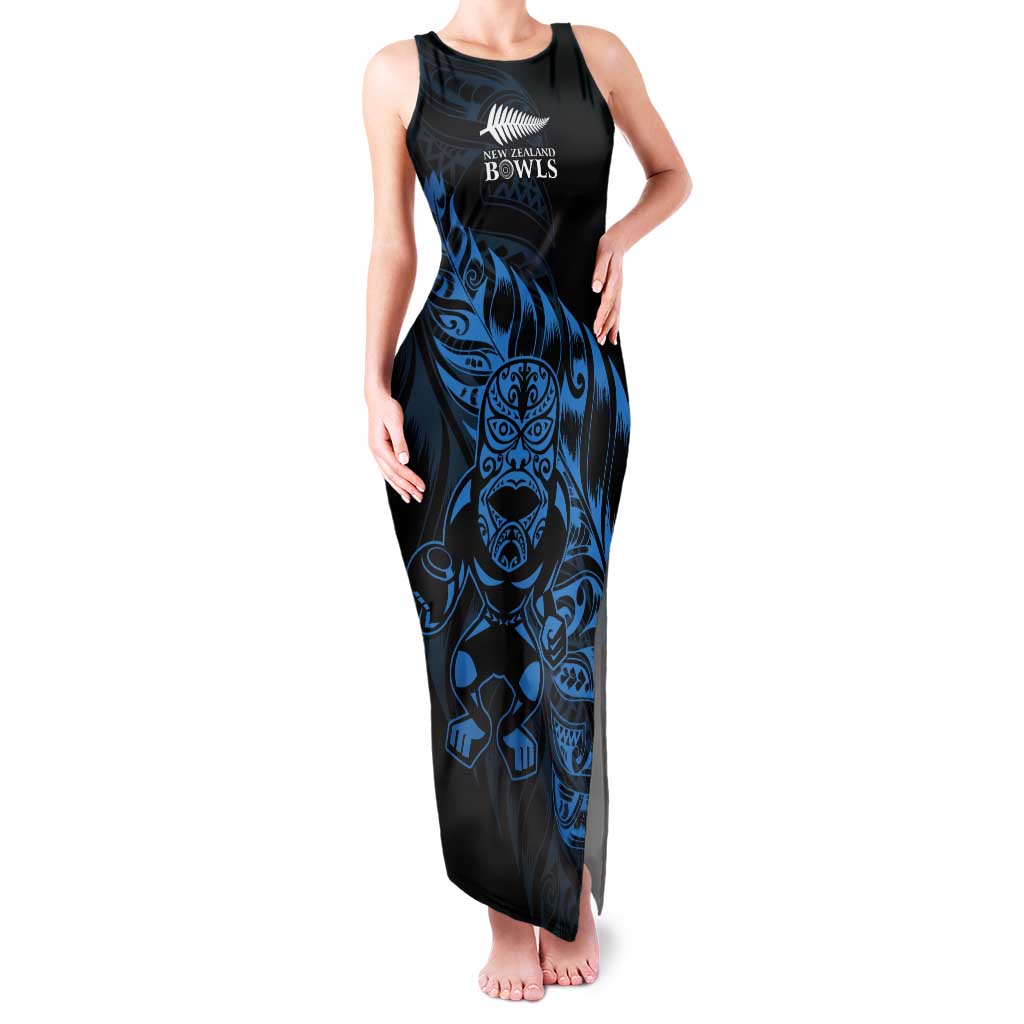 New Zealand Lawn Bowls Custom Tank Maxi Dress Blue Maori Warrior Tribal Silver Fern - Polynesian Pride