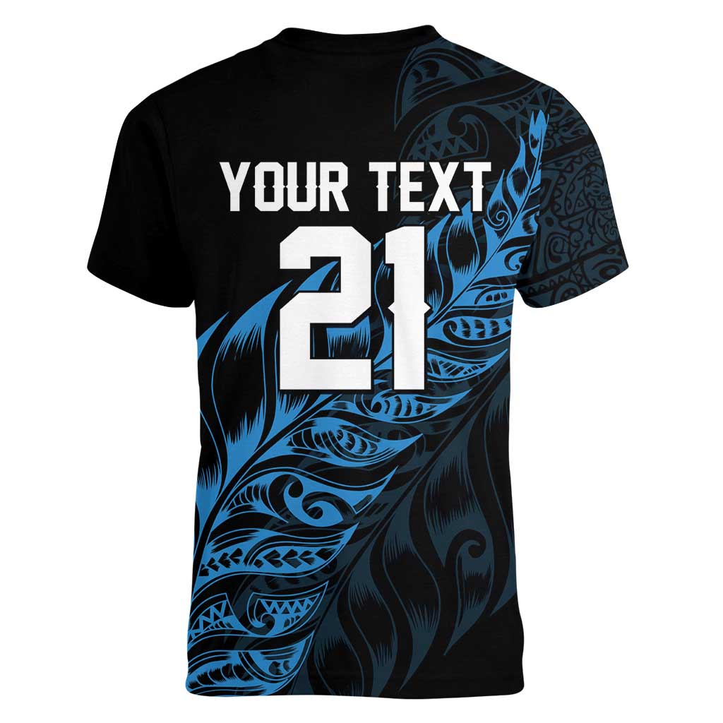 New Zealand Lawn Bowls Custom Women V-Neck T-Shirt Blue Maori Warrior Tribal Silver Fern - Polynesian Pride