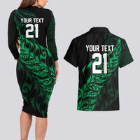 New Zealand Lawn Bowls Custom Couples Matching Long Sleeve Bodycon Dress and Hawaiian Shirt Green Maori Warrior Tribal Silver Fern - Polynesian Pride