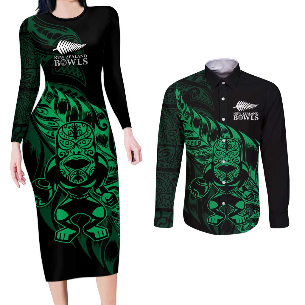 New Zealand Lawn Bowls Custom Couples Matching Long Sleeve Bodycon Dress and Long Sleeve Button Shirt Green Maori Warrior Tribal Silver Fern - Polynesian Pride