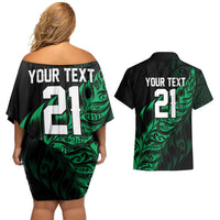 New Zealand Lawn Bowls Custom Couples Matching Off Shoulder Short Dress and Hawaiian Shirt Green Maori Warrior Tribal Silver Fern - Polynesian Pride