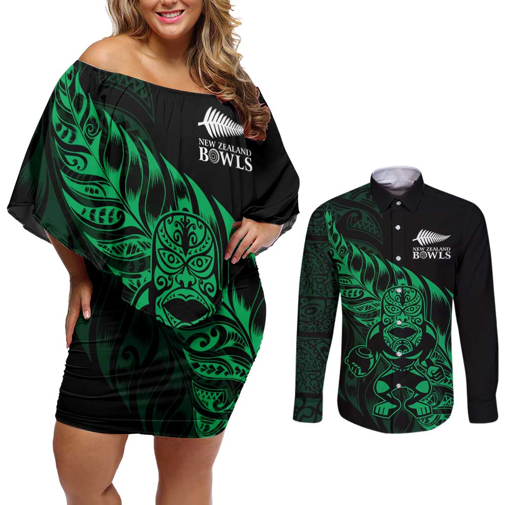 New Zealand Lawn Bowls Custom Couples Matching Off Shoulder Short Dress and Long Sleeve Button Shirt Green Maori Warrior Tribal Silver Fern - Polynesian Pride