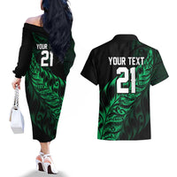 New Zealand Lawn Bowls Custom Couples Matching Off The Shoulder Long Sleeve Dress and Hawaiian Shirt Green Maori Warrior Tribal Silver Fern - Polynesian Pride