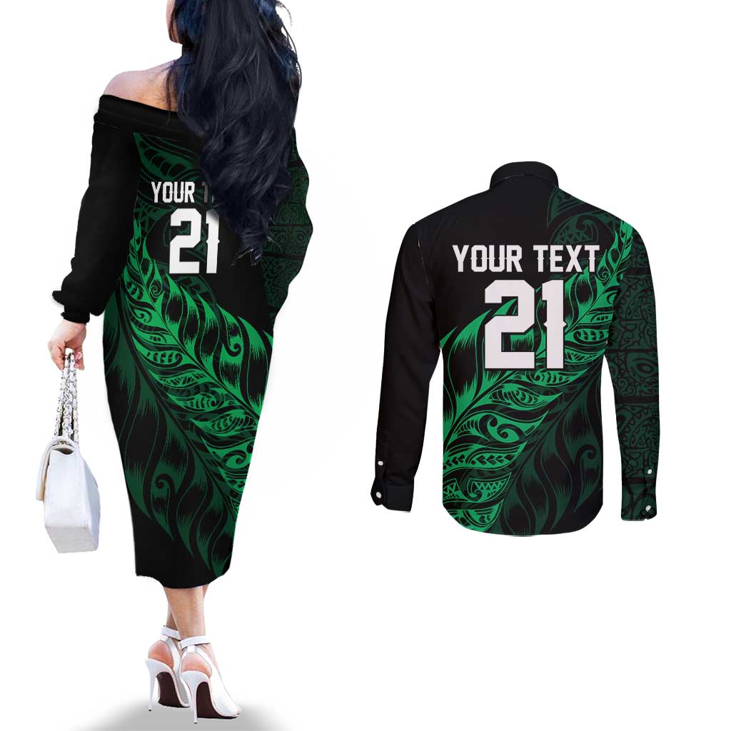 New Zealand Lawn Bowls Custom Couples Matching Off The Shoulder Long Sleeve Dress and Long Sleeve Button Shirt Green Maori Warrior Tribal Silver Fern - Polynesian Pride