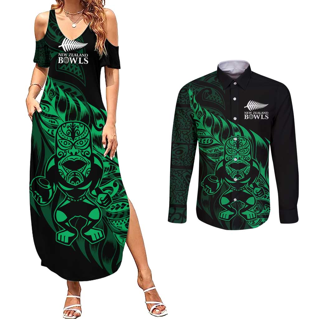 New Zealand Lawn Bowls Custom Couples Matching Summer Maxi Dress and Long Sleeve Button Shirt Green Maori Warrior Tribal Silver Fern - Polynesian Pride