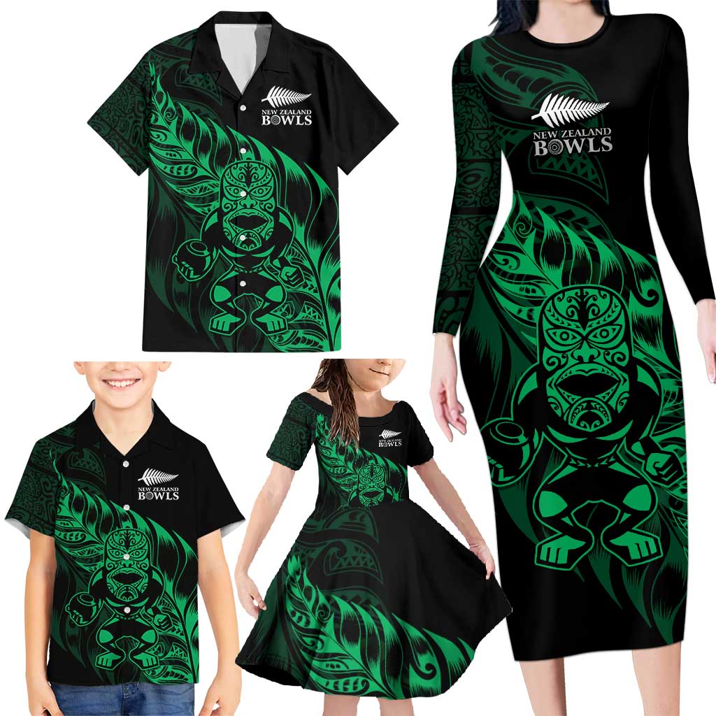 New Zealand Lawn Bowls Custom Family Matching Long Sleeve Bodycon Dress and Hawaiian Shirt Green Maori Warrior Tribal Silver Fern - Polynesian Pride