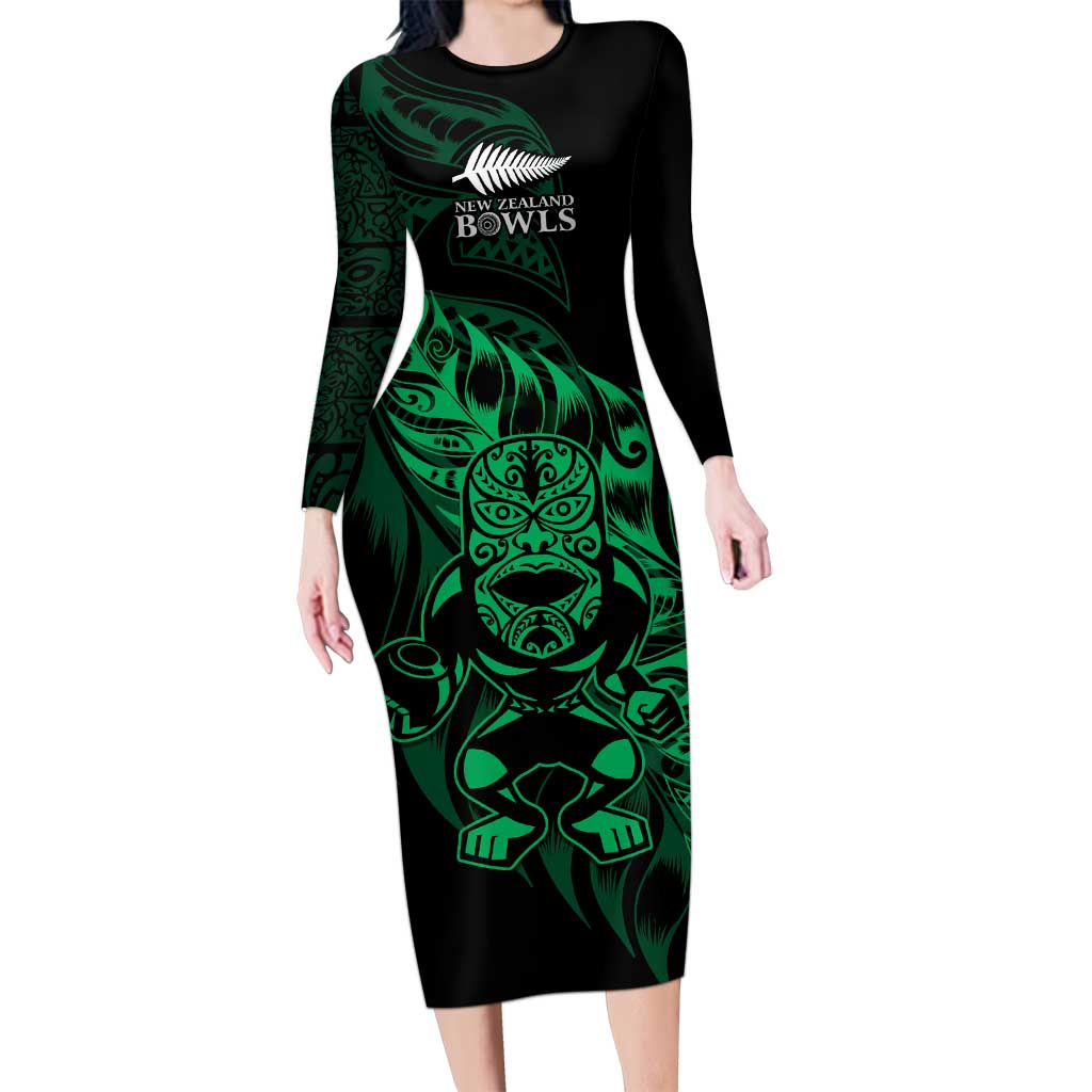 New Zealand Lawn Bowls Custom Family Matching Long Sleeve Bodycon Dress and Hawaiian Shirt Green Maori Warrior Tribal Silver Fern - Polynesian Pride