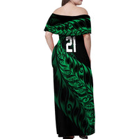 New Zealand Lawn Bowls Custom Family Matching Off Shoulder Maxi Dress and Hawaiian Shirt Green Maori Warrior Tribal Silver Fern - Polynesian Pride