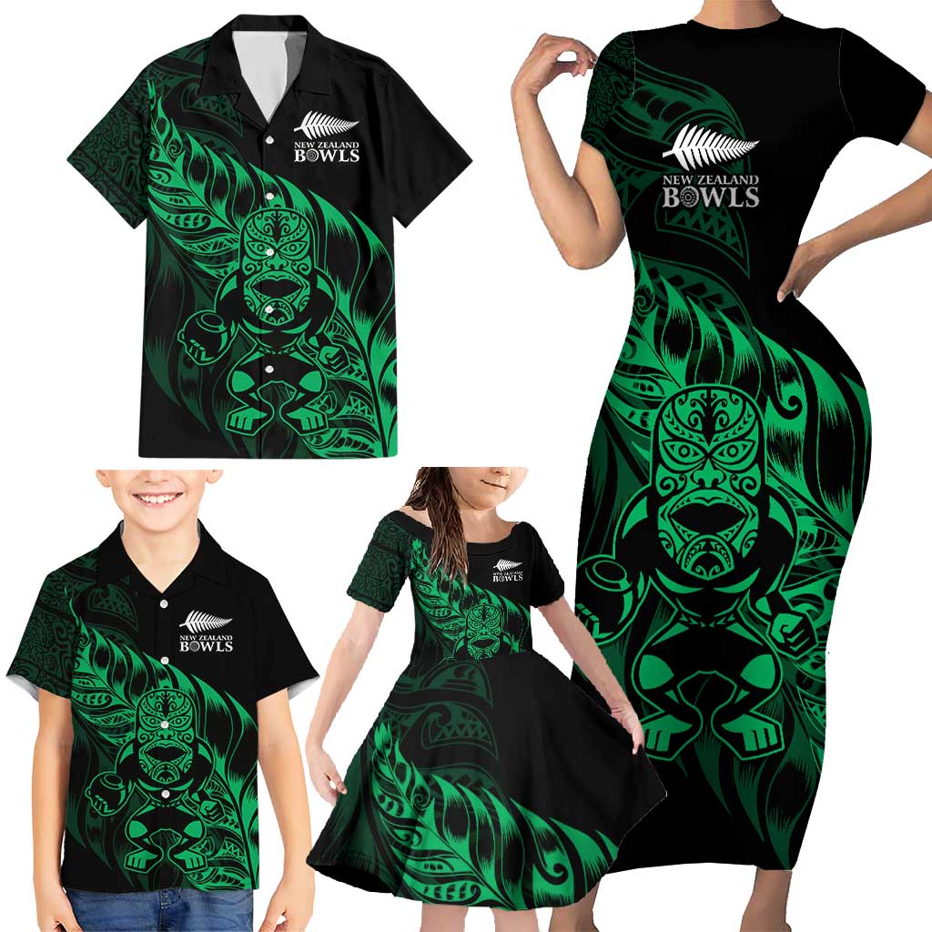 New Zealand Lawn Bowls Custom Family Matching Short Sleeve Bodycon Dress and Hawaiian Shirt Green Maori Warrior Tribal Silver Fern - Polynesian Pride