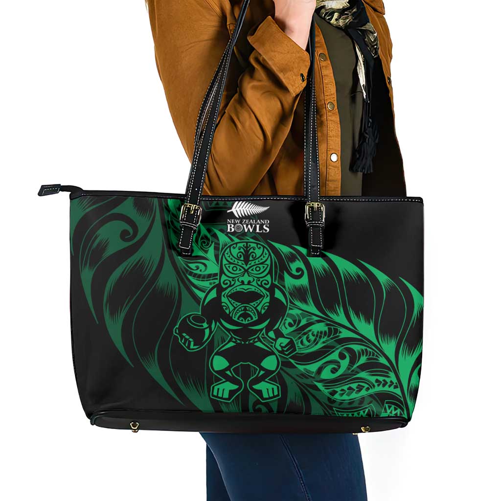 New Zealand Lawn Bowls Leather Tote Bag Green Maori Warrior Tribal Silver Fern - Polynesian Pride