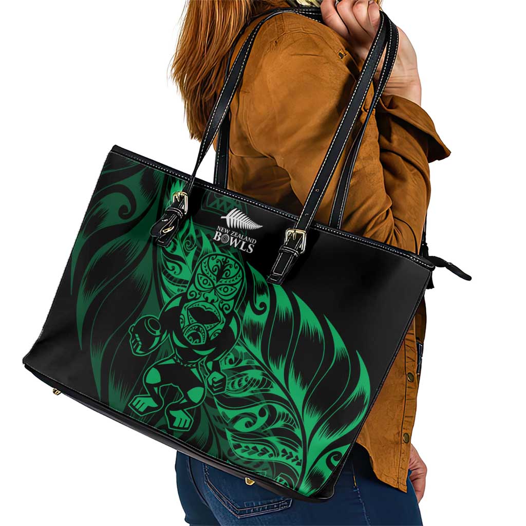 New Zealand Lawn Bowls Leather Tote Bag Green Maori Warrior Tribal Silver Fern - Polynesian Pride