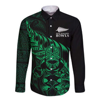 New Zealand Lawn Bowls Custom Long Sleeve Button Shirt Green Maori Warrior Tribal Silver Fern - Polynesian Pride