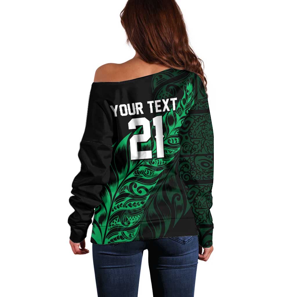New Zealand Lawn Bowls Custom Off Shoulder Sweater Green Maori Warrior Tribal Silver Fern - Polynesian Pride