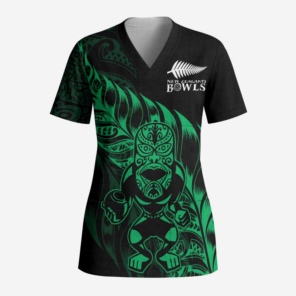 New Zealand Lawn Bowls Custom Scrub Top Green Maori Warrior Tribal Silver Fern - Polynesian Pride
