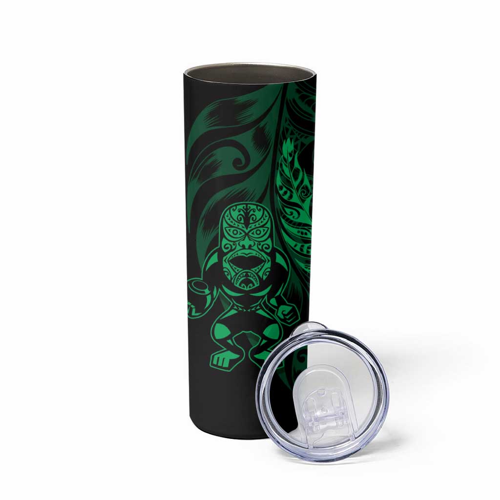 New Zealand Lawn Bowls Custom Skinny Tumbler Green Maori Warrior Tribal Silver Fern - Polynesian Pride