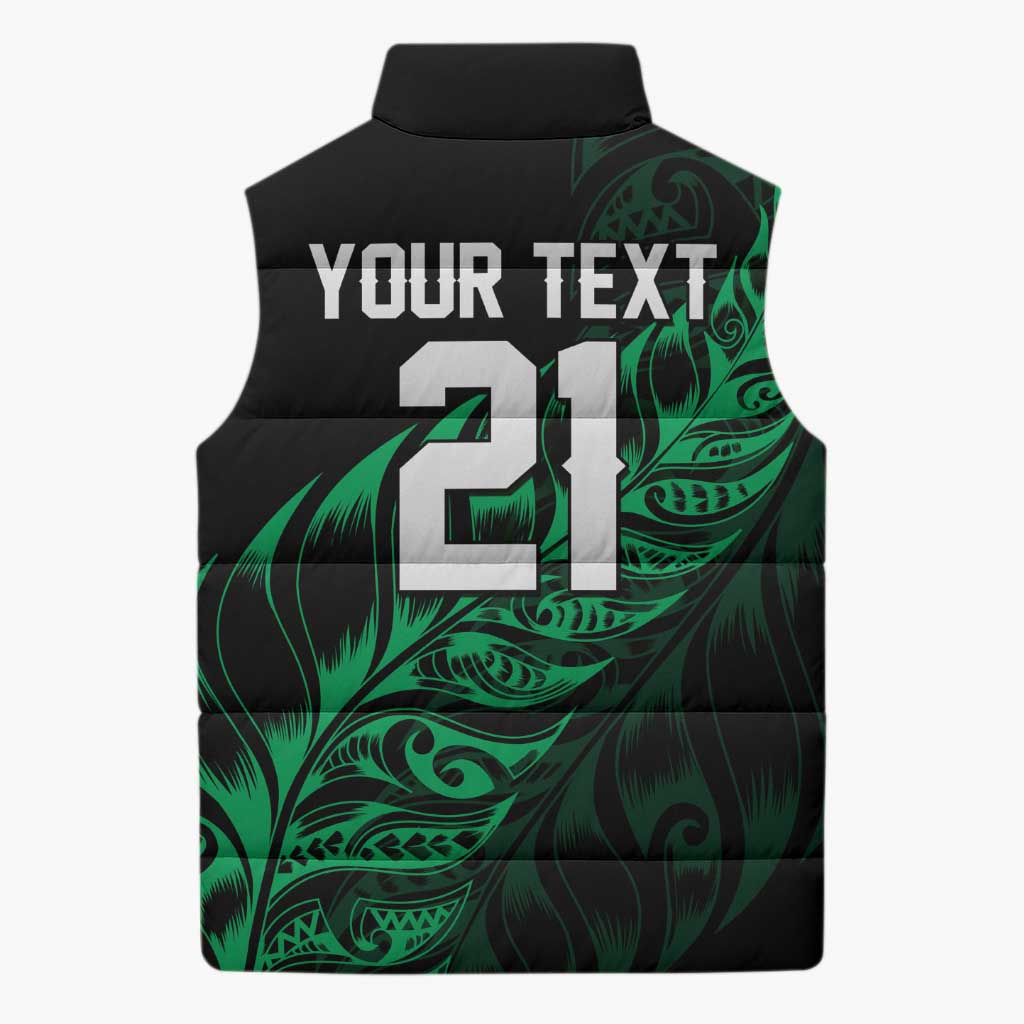 New Zealand Lawn Bowls Custom Sleeveless Puffer Jacket Green Maori Warrior Tribal Silver Fern - Polynesian Pride