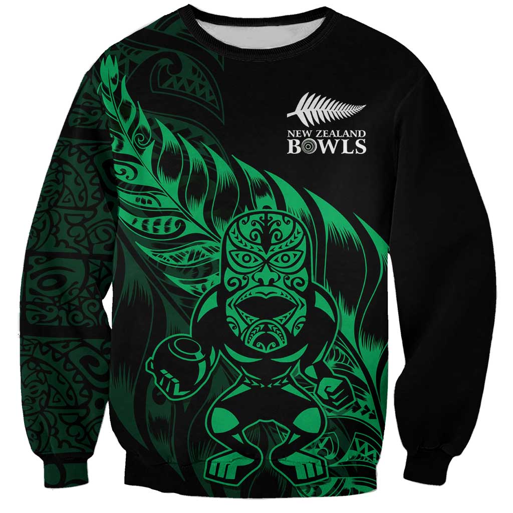 New Zealand Lawn Bowls Custom Sweatshirt Green Maori Warrior Tribal Silver Fern - Polynesian Pride