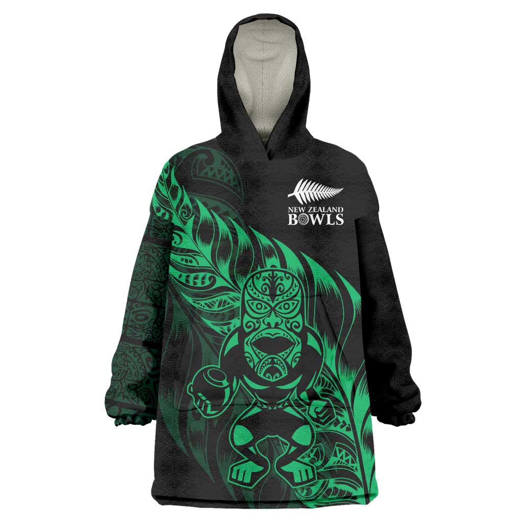 New Zealand Lawn Bowls Custom Wearable Blanket Hoodie Green Maori Warrior Tribal Silver Fern - Polynesian Pride