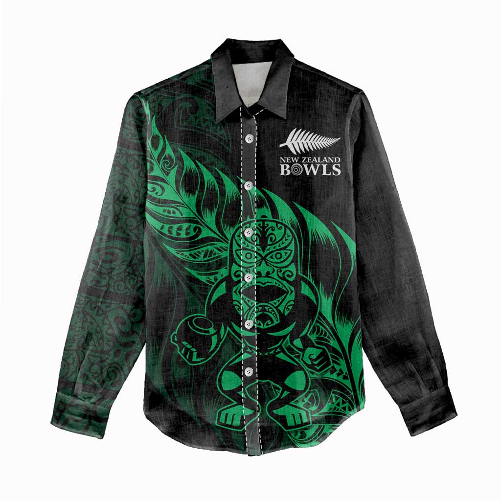 New Zealand Lawn Bowls Custom Women Casual Shirt Green Maori Warrior Tribal Silver Fern - Polynesian Pride