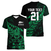 New Zealand Lawn Bowls Custom Women V-Neck T-Shirt Green Maori Warrior Tribal Silver Fern - Polynesian Pride