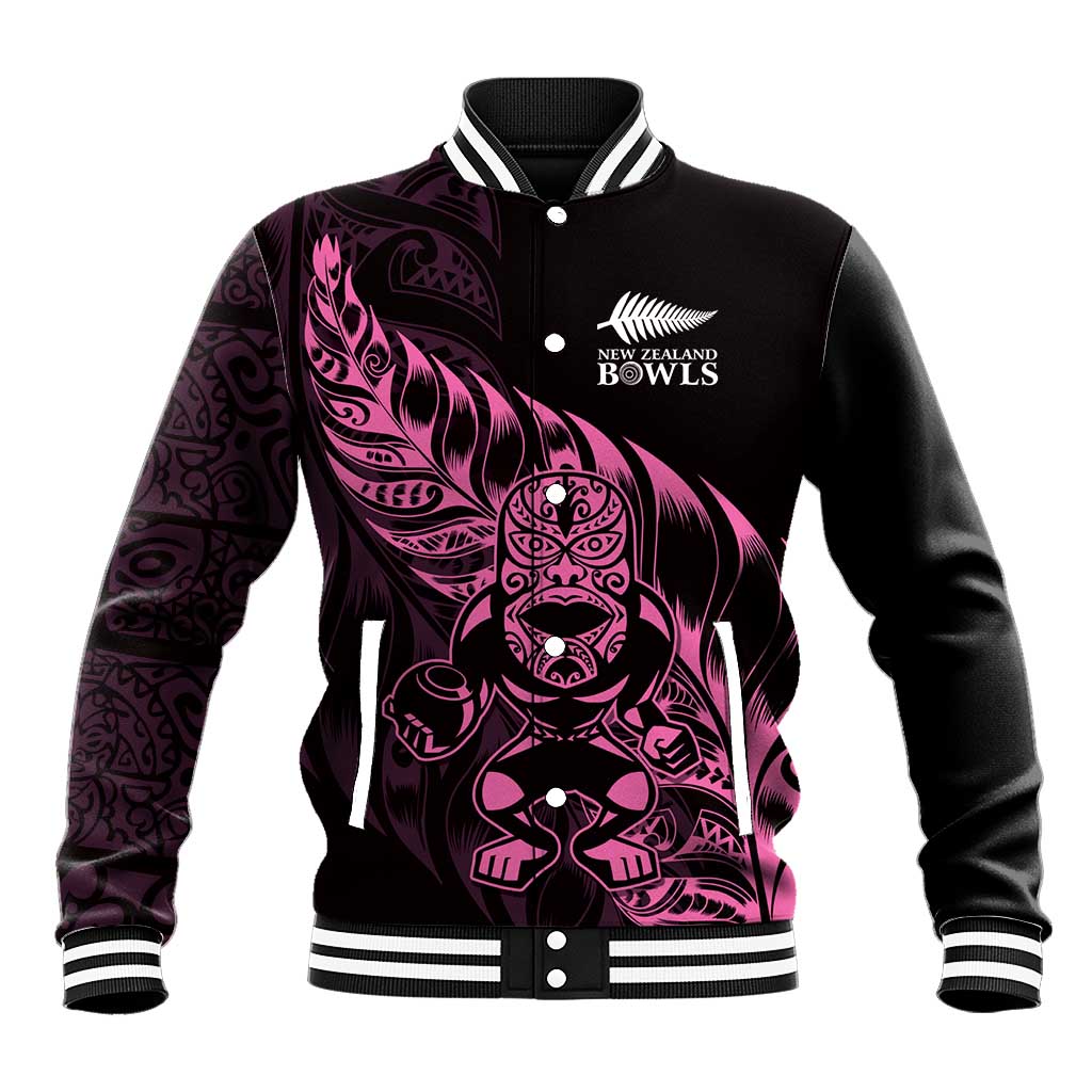 New Zealand Lawn Bowls Custom Baseball Jacket Pink Maori Warrior Tribal Silver Fern - Polynesian Pride
