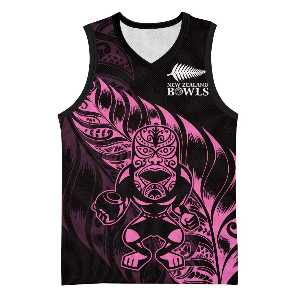 New Zealand Lawn Bowls Custom Basketball Jersey Pink Maori Warrior Tribal Silver Fern - Polynesian Pride