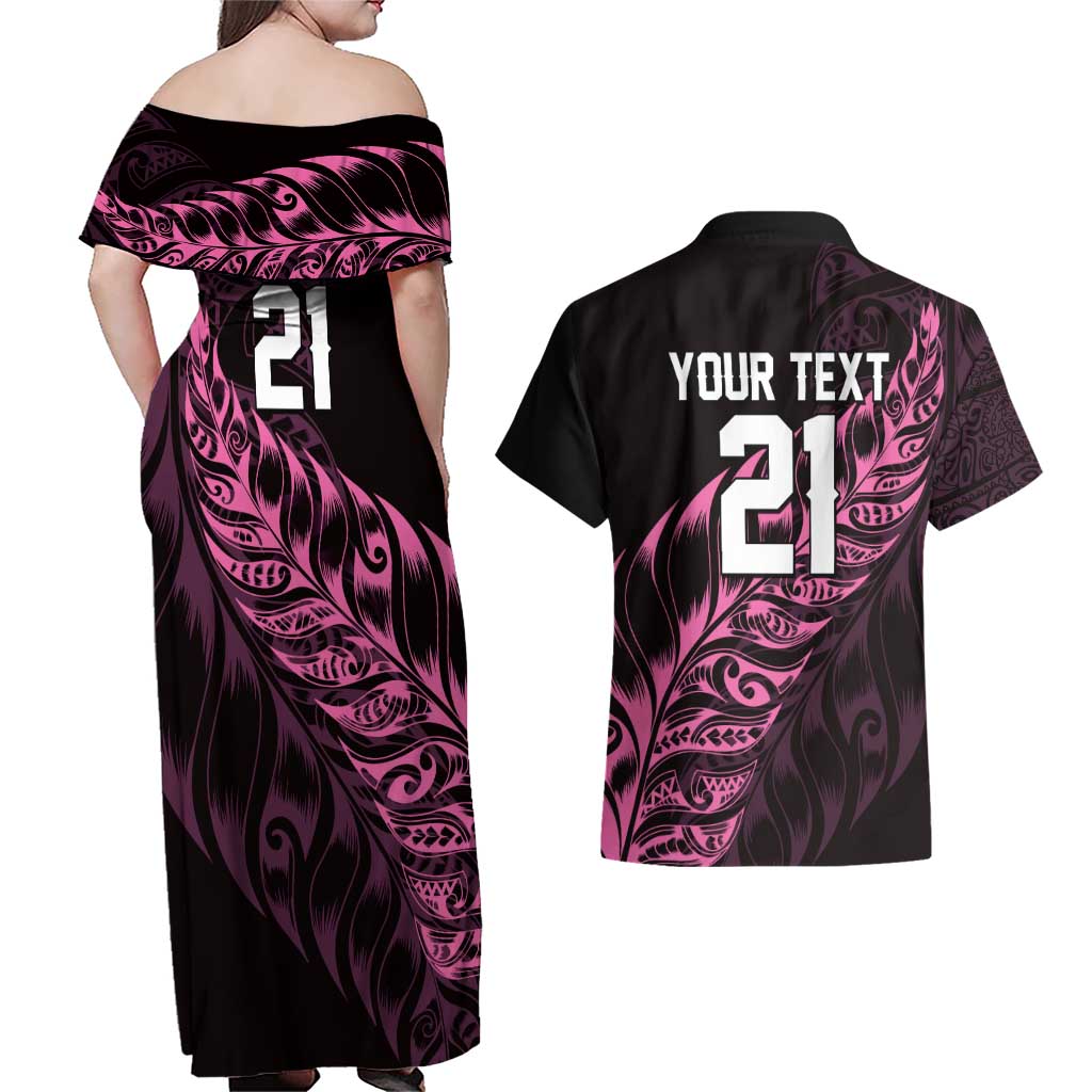 New Zealand Lawn Bowls Custom Couples Matching Off Shoulder Maxi Dress and Hawaiian Shirt Pink Maori Warrior Tribal Silver Fern - Polynesian Pride