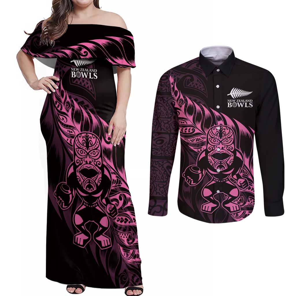 New Zealand Lawn Bowls Custom Couples Matching Off Shoulder Maxi Dress and Long Sleeve Button Shirt Pink Maori Warrior Tribal Silver Fern - Polynesian Pride