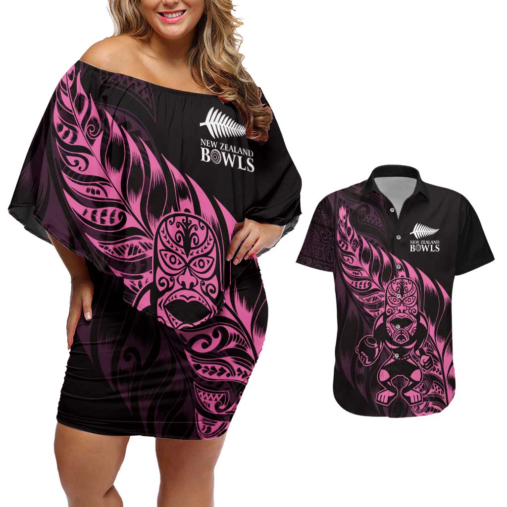 New Zealand Lawn Bowls Custom Couples Matching Off Shoulder Short Dress and Hawaiian Shirt Pink Maori Warrior Tribal Silver Fern - Polynesian Pride