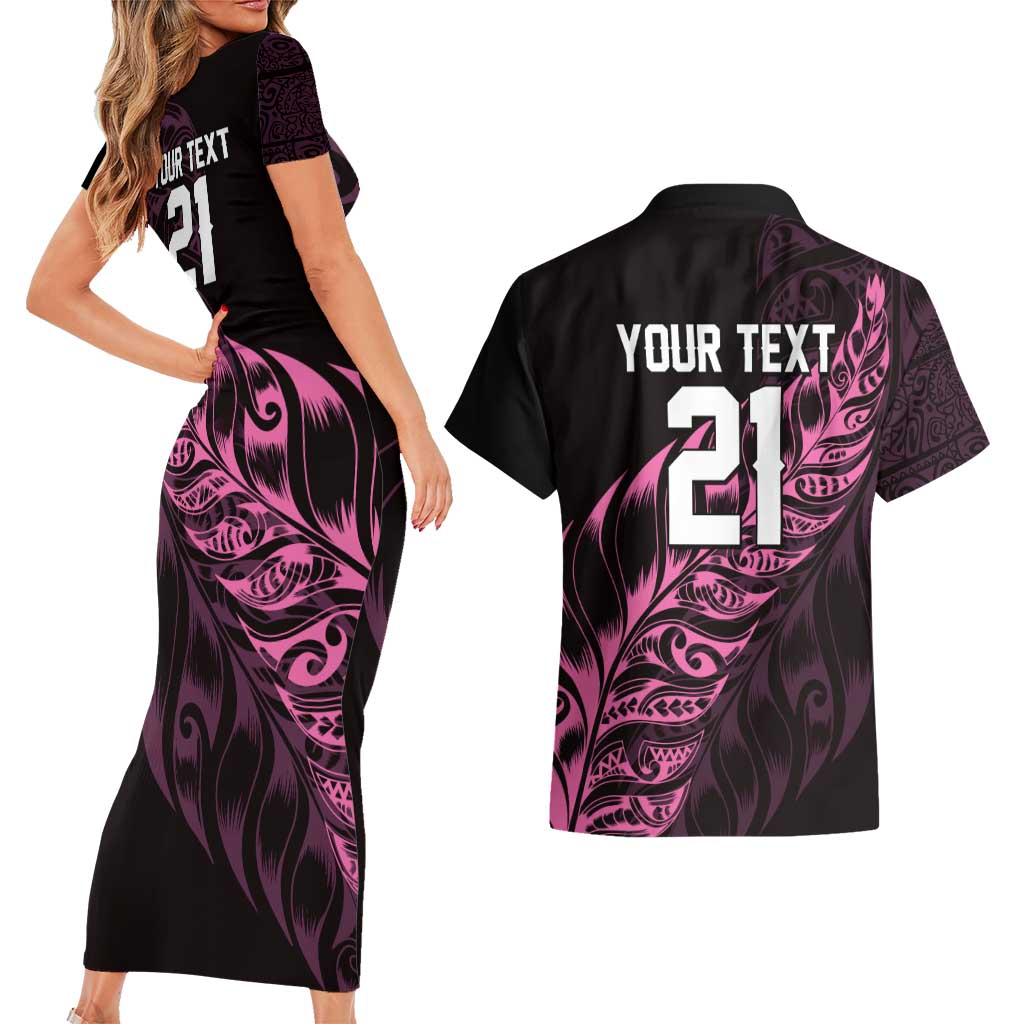 New Zealand Lawn Bowls Custom Couples Matching Short Sleeve Bodycon Dress and Hawaiian Shirt Pink Maori Warrior Tribal Silver Fern - Polynesian Pride
