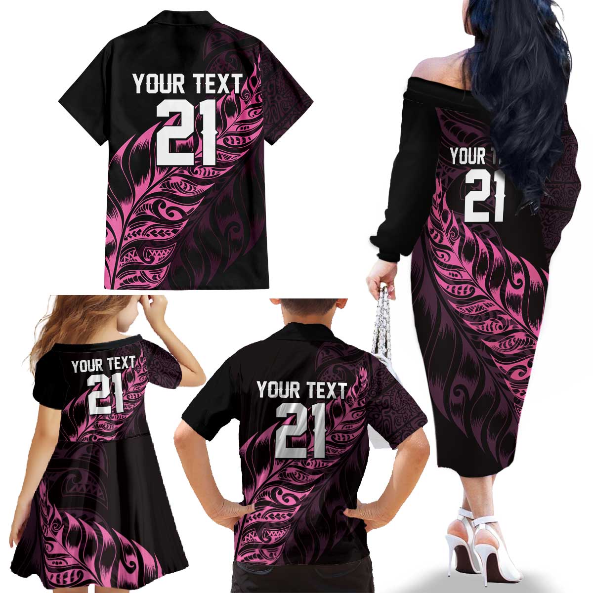 New Zealand Lawn Bowls Custom Family Matching Off The Shoulder Long Sleeve Dress and Hawaiian Shirt Pink Maori Warrior Tribal Silver Fern - Polynesian Pride