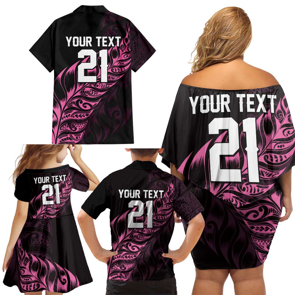 New Zealand Lawn Bowls Custom Family Matching Off Shoulder Short Dress and Hawaiian Shirt Pink Maori Warrior Tribal Silver Fern - Polynesian Pride