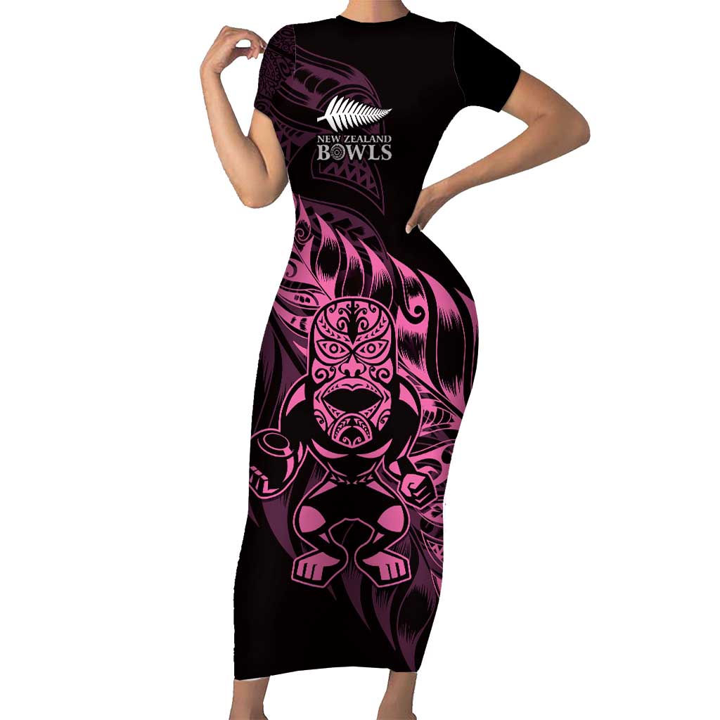 New Zealand Lawn Bowls Custom Family Matching Short Sleeve Bodycon Dress and Hawaiian Shirt Pink Maori Warrior Tribal Silver Fern - Polynesian Pride