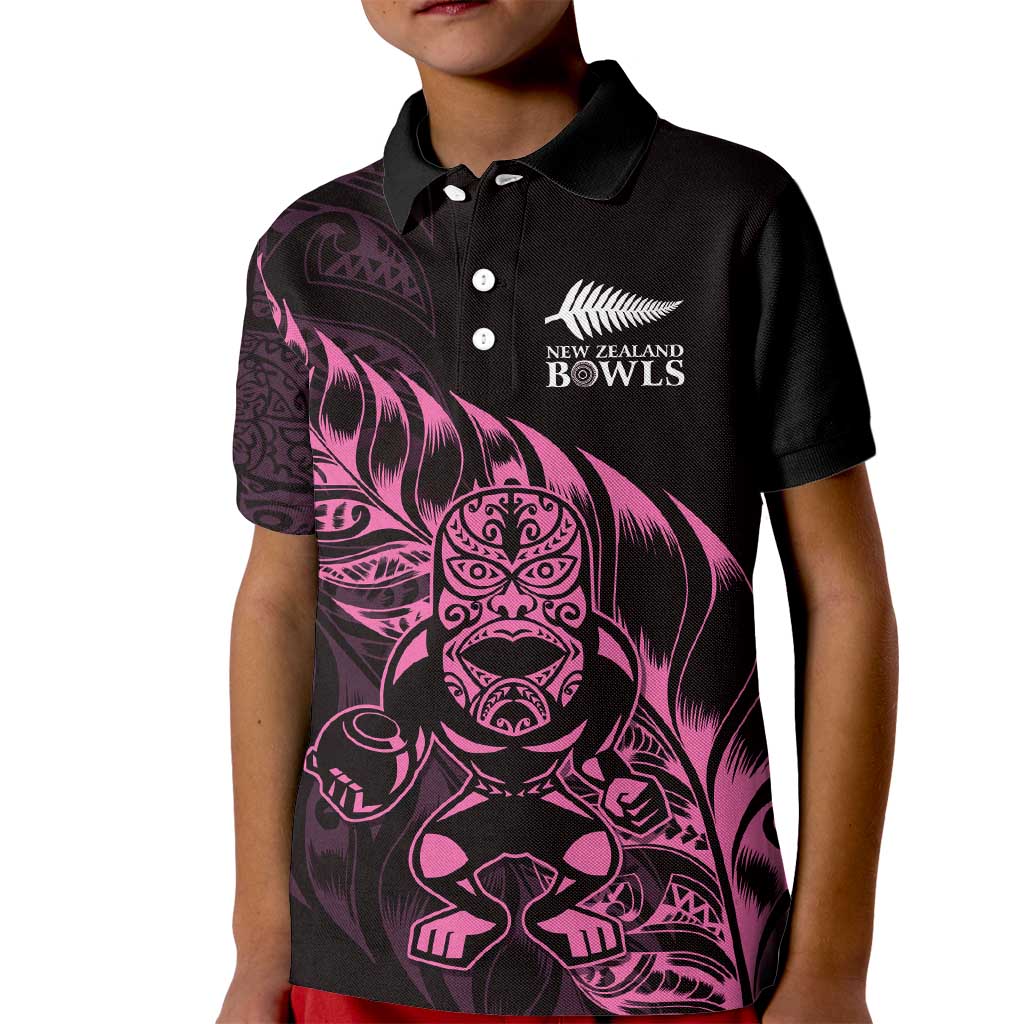 New Zealand Lawn Bowls Custom Kid Polo Shirt Pink Maori Warrior Tribal Silver Fern - Polynesian Pride