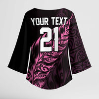 New Zealand Lawn Bowls Custom Kimono Sleeve Blouse Pink Maori Warrior Tribal Silver Fern - Polynesian Pride