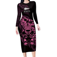 New Zealand Lawn Bowls Custom Long Sleeve Bodycon Dress Pink Maori Warrior Tribal Silver Fern - Polynesian Pride