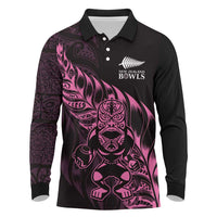 New Zealand Lawn Bowls Custom Long Sleeve Polo Shirt Pink Maori Warrior Tribal Silver Fern - Polynesian Pride