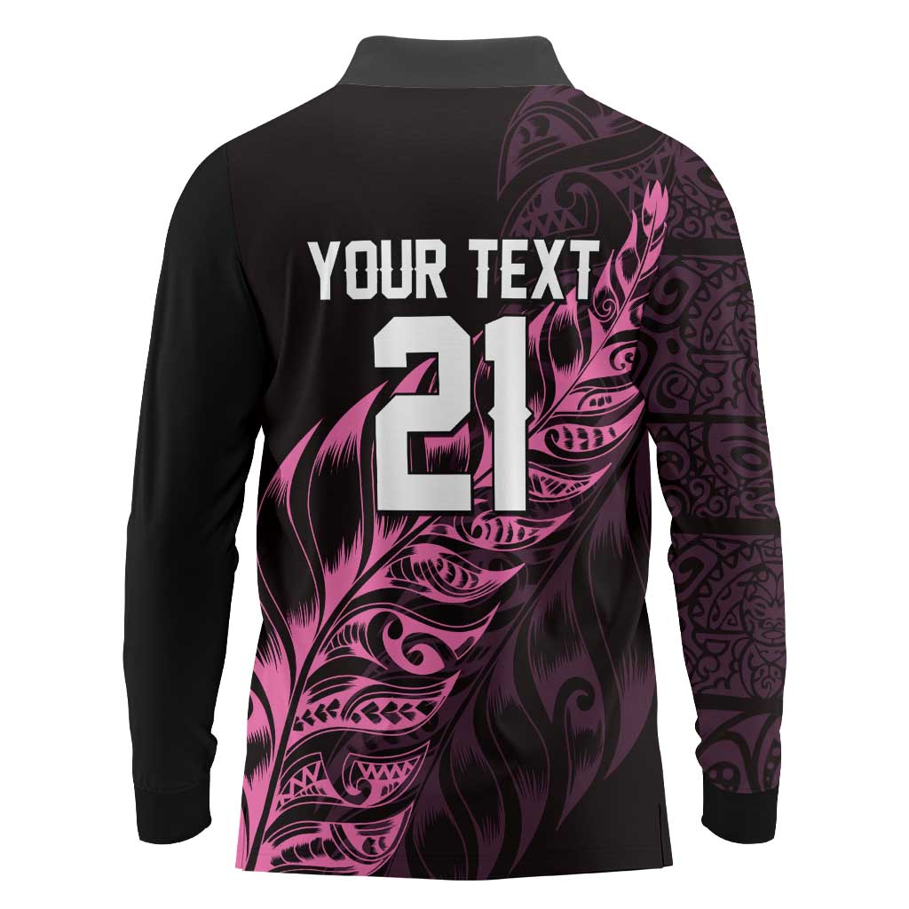 New Zealand Lawn Bowls Custom Long Sleeve Polo Shirt Pink Maori Warrior Tribal Silver Fern - Polynesian Pride