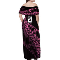 New Zealand Lawn Bowls Custom Off Shoulder Maxi Dress Pink Maori Warrior Tribal Silver Fern - Polynesian Pride