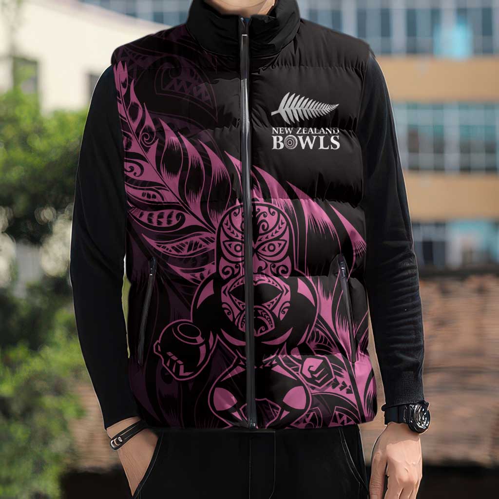 New Zealand Lawn Bowls Custom Sleeveless Puffer Jacket Pink Maori Warrior Tribal Silver Fern - Polynesian Pride