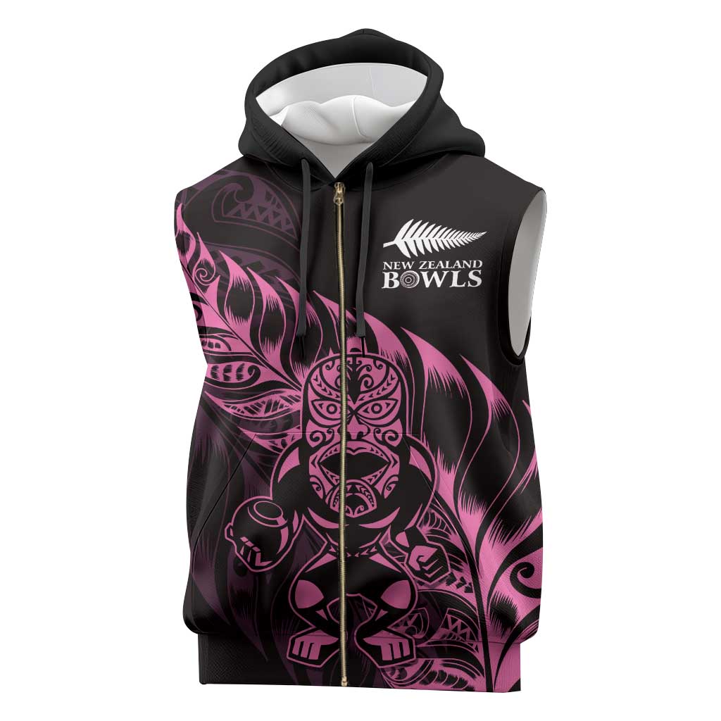 New Zealand Lawn Bowls Custom Sleeveless Zip Hoodie Pink Maori Warrior Tribal Silver Fern - Polynesian Pride