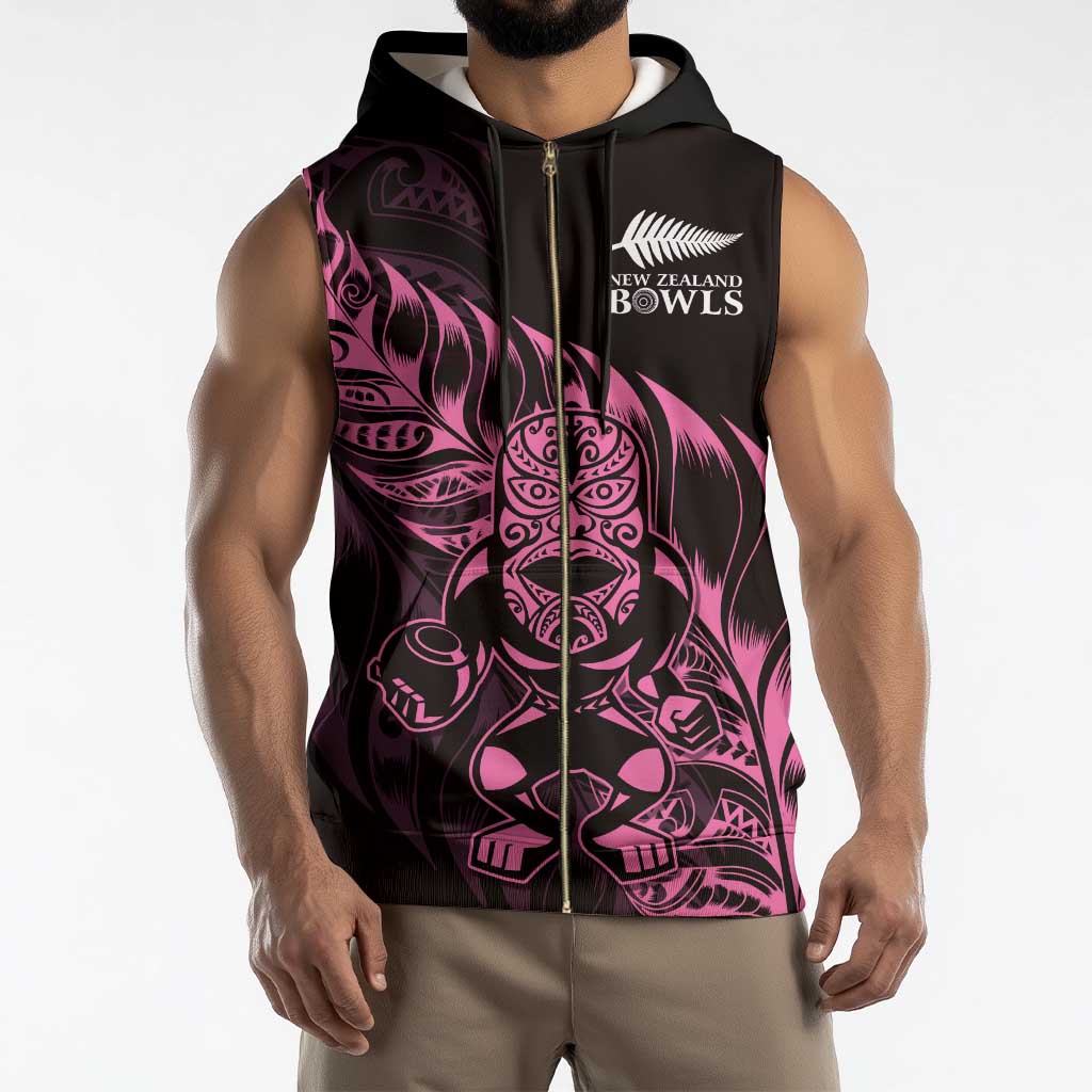 New Zealand Lawn Bowls Custom Sleeveless Zip Hoodie Pink Maori Warrior Tribal Silver Fern - Polynesian Pride